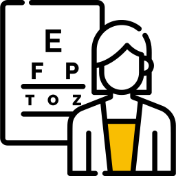 mujer con bata blanca óptico-optometrista y test visual con letras para examinar la visión en óptica en albacete